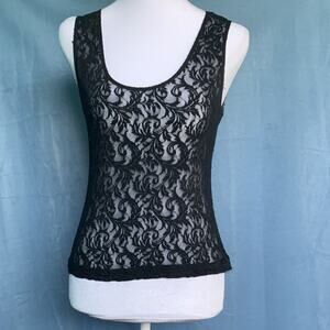 Black Lace Sheer Sleeveless Scoop Neck Tank Top Floral Pullover Blouse